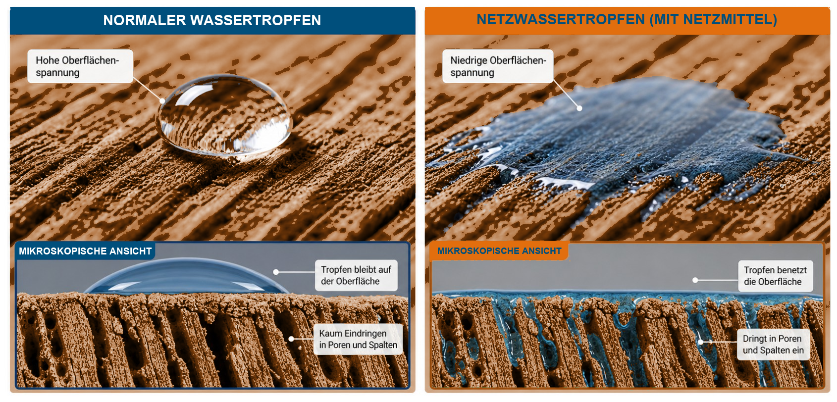 Vergleichsgrafik: Normaler Wassertropfen mit hoher Oberflächenspannung perlt ab, Netzwassertropfen mit niedriger Oberflächenspannung dringt in die Holzporen ein.